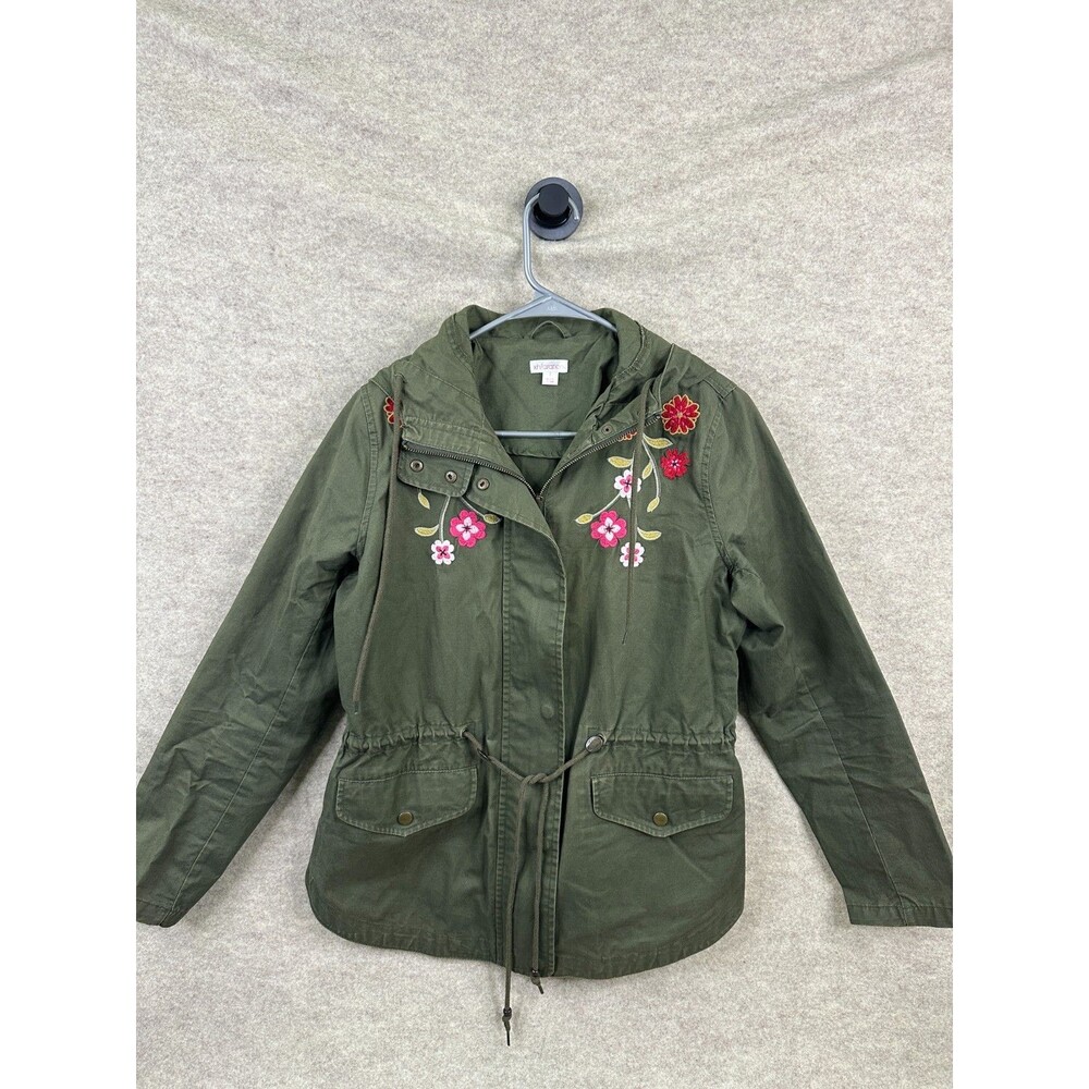 Xhilaration Floral Embroidered Utility Jacket Olive Green Hooded Boho